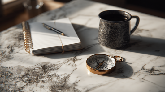 Cup of coffee, compass and notebook — Anchors Away blog post about 5 small daily habits for a joyful life and intentional living.